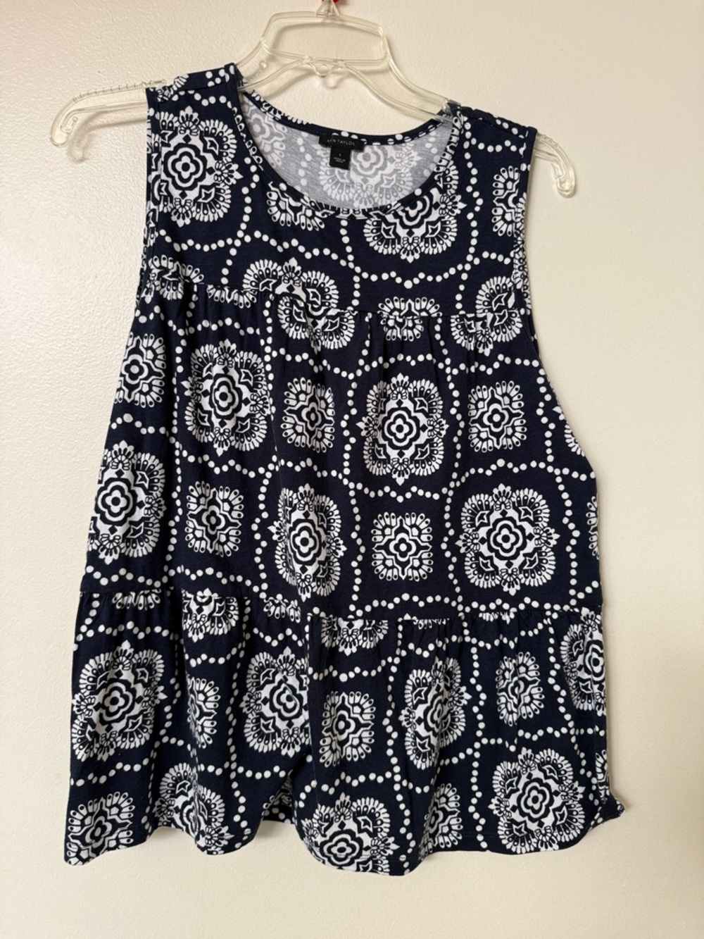 Ann Taylor Navy Blue and White Printed Tiered Tank